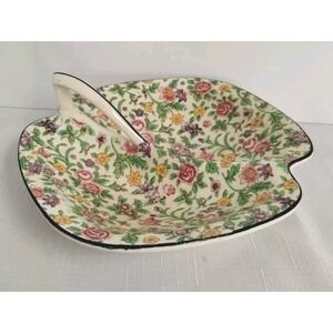Vintage Yellow Pink Purple Floral Chintz Divided Plate With Handle Japan 8"